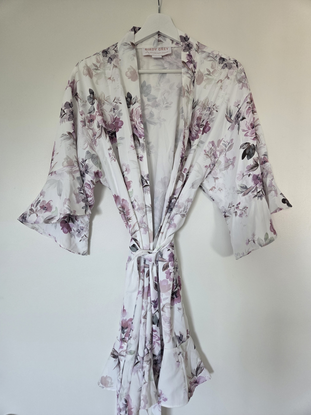 Birdy Grey White Satin Floral Robe with Lavender & Gray Accents